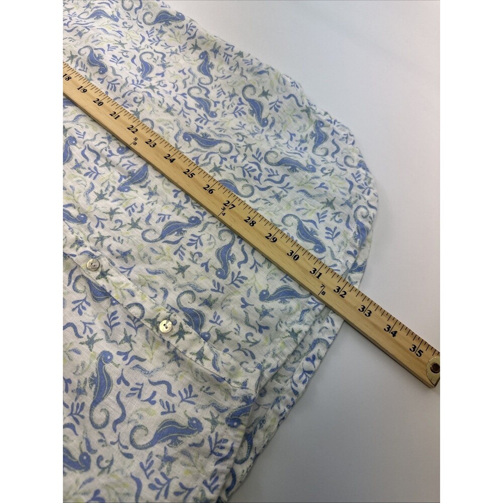 Sigrid Olsen Linen Tunic Shirt Button Down White Blue Seahorse Roll Tab Sleeves - Picture 11 of 11